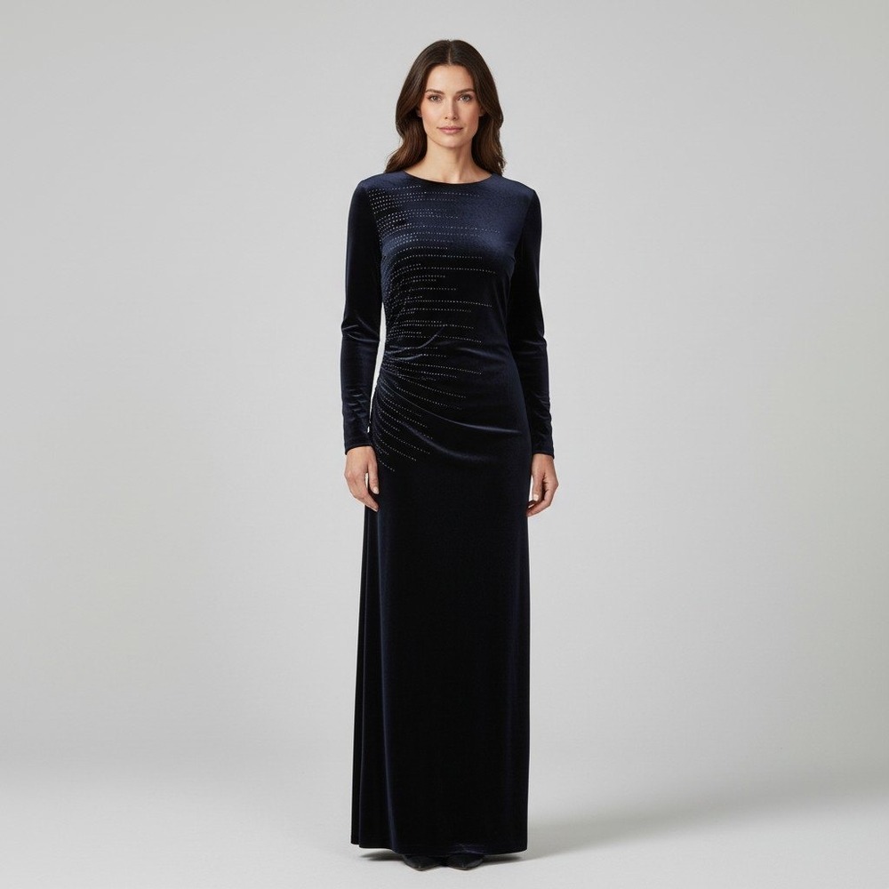 Joseph Ribkoff Black Velvet Rhinestone Maxi Dress Long Sleeve Size 8 Made Canada